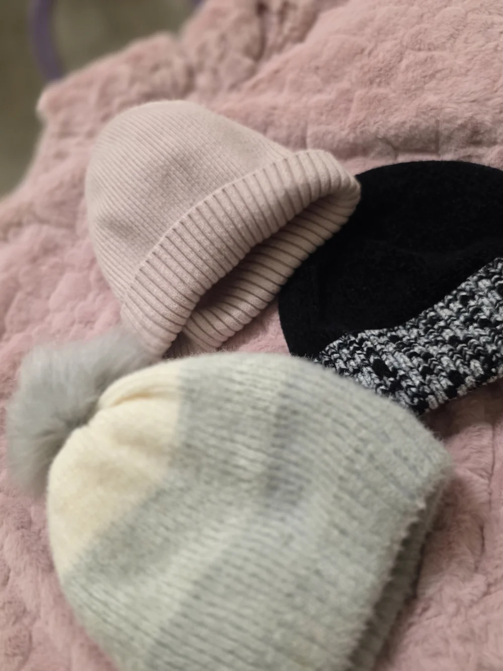 Kids Soft Knit Beanie Hat - Pink, Black, Cream